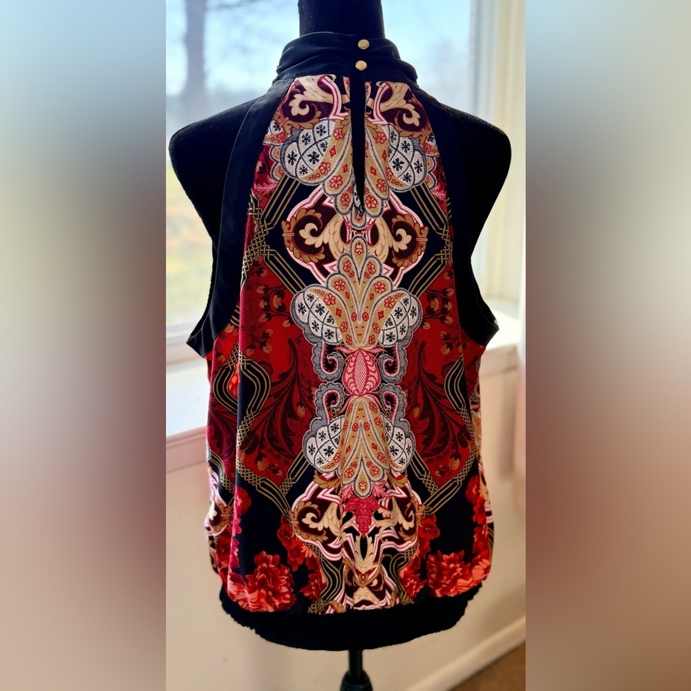 Jones New York chic sleeveless halter mock neck red black gold dressy top Lg EUC - Picture 7 of 12